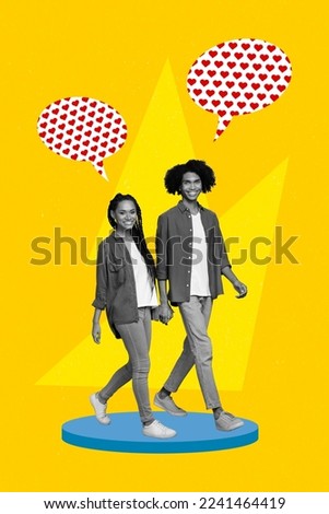 Creative photo 3d collage artwork poster postcard of cute couple walking talking together isolated on painting background