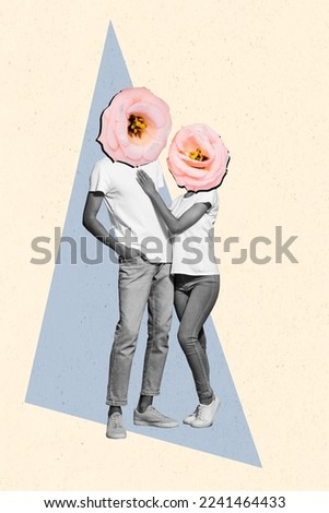 Creative photo 3d collage artwork poster postcard of wife husband embrace roses instead faces isolated on painting background