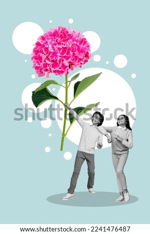 Creative photo 3d collage artwork poster postcard of small children classmates showing big huge flower isolated on painting background