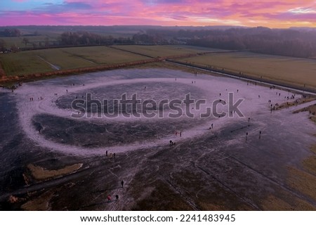Aerial from ice skating in Friesland the Netherlands in winter