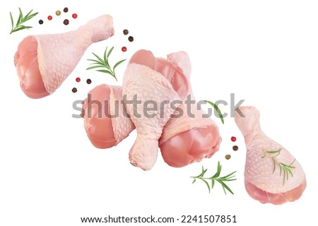 Raw chicken leg or drumstick isolated on white background with full depth of field. Top view. Flat lay Royalty-Free Stock Photo #2241507851