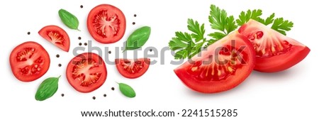 Tomato slices with basil and peppercorns isolated on white background. Clipping path and full depth of field. Top view. Flat lay Royalty-Free Stock Photo #2241515285