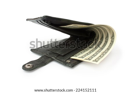 opening slightly a purse with a money on a white backround isolated 