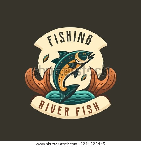 fishing fish in the water logo icon template design vector style illustration