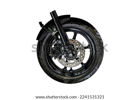 New disc brake of motorcycle with wheel isolated on white background with clipping path. Modern disc brake for background. Royalty-Free Stock Photo #2241531321