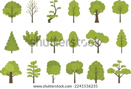 Flat forest trees icons, garden or park landscape elements. Cartoon simple summer tree trunk, leaves and branches. Nature trees vector set. Plants with foliage, organic botanical greenery