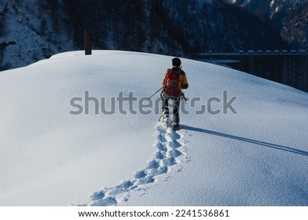Hiker and tracks in the snow.