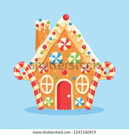 Gingerbread house shaped gingerbread cookies with decorations. Christmas sweets and treats. Vector illustration