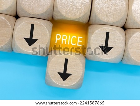 Price level symbol. A wooden cube with up icon. Wooden block with the concept word Price. Business and price level concept
