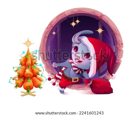 Christmas santa bunny give Christmas tree carrot symbol of 2023. Vector cartoon illustration isolated on white