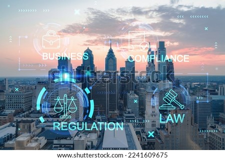 Aerial panoramic cityscape of Philadelphia financial downtown, Pennsylvania, USA. City Hall Clock Tower, sunset. Hologram of legal icons. The concept of law, order, regulations and digital justice.