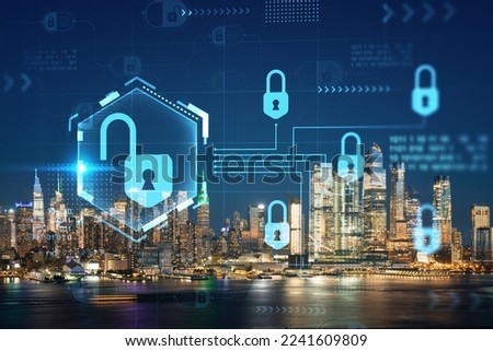 New York City skyline from New Jersey over the Hudson River with Hudson Yards at night. Manhattan, Midtown. The concept of cyber security to protect confidential information, padlock hologram