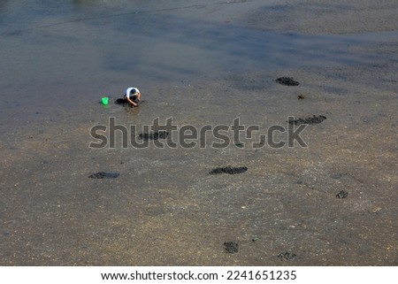 LUANNAN COUNTY, China - June 3, 2022: One man digs sand silkworm by the sea, North China

