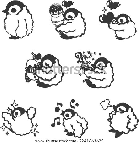 The hand-drawn style monochrome icon of pretty babies of emperor penguin with various facial expressions