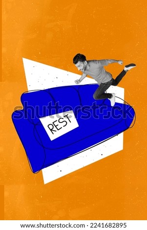 Collage photo of young overworked funny excited guy running excited rest room blue drawing sofa chill time isolated on orange color background