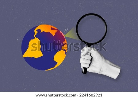 Creative photo 3d collage artwork postcard poster of person human arm hold loupe explore planet earth isolated on painting background