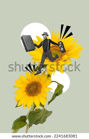 Vertical collage picture of excited overjoyed mini black white gamma guy hold valise jump huge sunflower isolated on drawing background