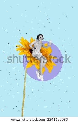Vertical collage picture of mini cheerful black white effect girl sit huge sunflower hold telephone make selfie isolated on creative background