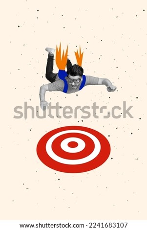Vertical creative photo collage of handsome active man flying jetpack behind back target darts isolated on pastel color background Royalty-Free Stock Photo #2241683107
