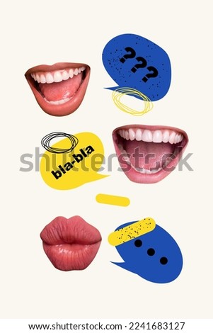 Vertical collage photo of talking mouth people conversation phrases opinions dialogue blabla useless information isolated on white color background Royalty-Free Stock Photo #2241683127