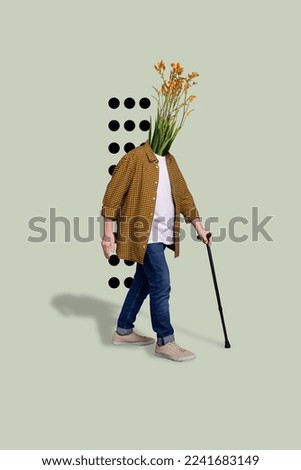 Vertical collage image of aged person fresh flowers instead head hold cane stick walking isolated on painted background