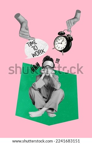 Vertical collage image of unsatisfied moody black white effect girl arms hold bell ring clock time to work isolated on drawing background Royalty-Free Stock Photo #2241683151
