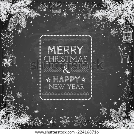Merry Christmas and Happy New Year Card with fir tree branches, Christamas balls, candles, pomaders and stars. Typography christmas card design on blackboard. Vector illustration. Royalty-Free Stock Photo #224168716
