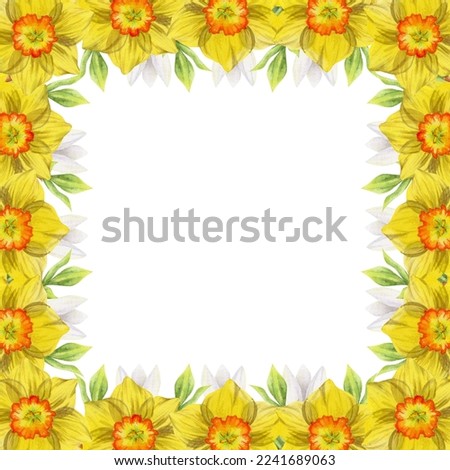 Watercolor hand drawn square frame with spring flowers, daffodils, snowdrops, branches, leaves Isolated on white background. Design for invitations, wedding, greeting cards, wallpaper, print, textile