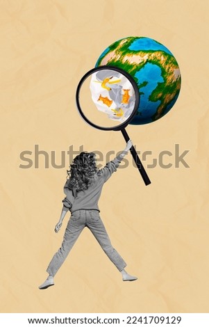 Vertical collage picture of black white colors girl hold magnifier loupe zoom pollution planet earth globe isolated on drawing background