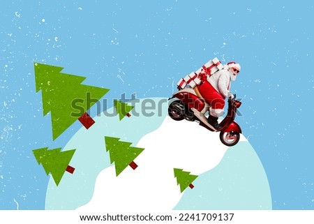 Photo collage artwork minimal picture of cool santa claus moped rider delivering x-mas presents isolated drawing background