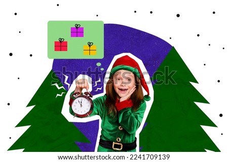 Creative photo collage illustration of funny positive cheerful kid in elf costume hold clock hand on cheek fir tree forest on background