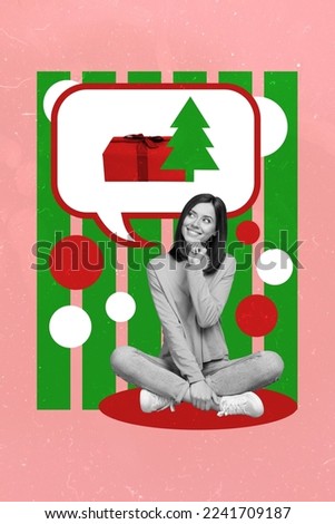 Creative photo 3d collage artwork postcard poster picture of young girl imagine gifts thinking buy purchase isolated on painting background