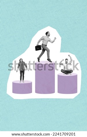 Vertical collage image of three black white colors people competition podium different places isolated on creative background