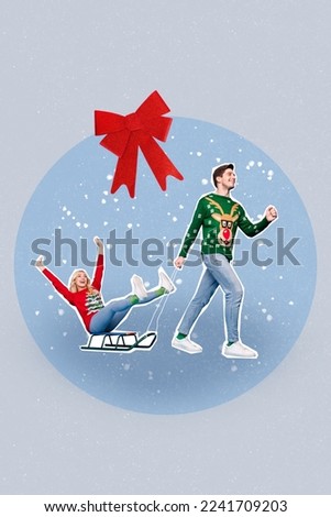 Vertical collage picture of two excited partners guy pull sledge girl drawing snowfall festive bow isolated on painted background