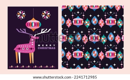 Merry Christmas  and Happy New Year  Christmas  decoration   Holiday winter background  Vintage template design with  deer, tree, ball-toy, snowflake,   Vector  illustration