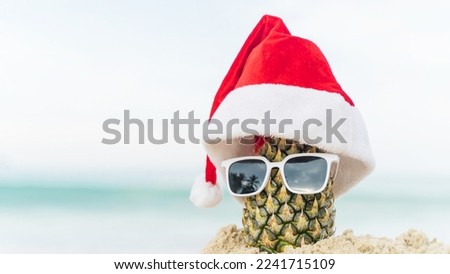 Pineapple Holiday  with glasses and Santa Claus hat  ,Concept Christmas on the beach Tropical design made in Phuket, Thailand.