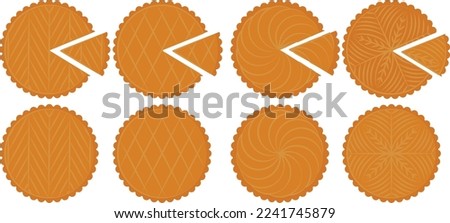 Galette des rois traditional french epiphany cake entire and with slice. Colored vector icon set. Royalty-Free Stock Photo #2241745879