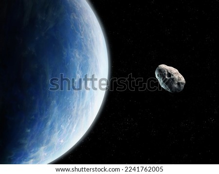 Asteroid is approaching Earth. Possibility of collision with a large celestial body. The planet's orbit is crossed by a large meteorite. Royalty-Free Stock Photo #2241762005