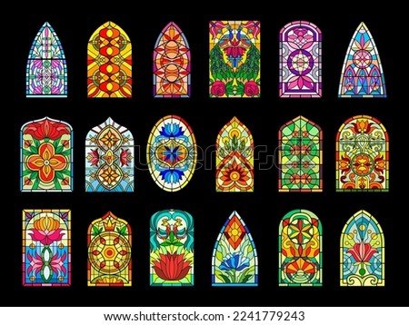 Stained glass windows. Decorative colored frames transparent glasses for church cathedral medieval windows recent vector templates Royalty-Free Stock Photo #2241779243
