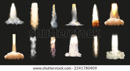 Rocket launch. Smoke jet with flame. Spacecraft start. Fire and fume stream. Takeoff effects set. Space shuttle trail. Blast on spaceship. Speed comet track. Vector realistic background