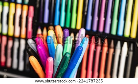 children's drawing pencils, a set for children's creativity.
felt-tip pens, paints cheerful leisure for a child Royalty-Free Stock Photo #2241787235