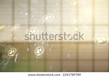 Double exposure of social network icons interface and world map on empty room interior background. Networking concept