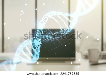 Creative light DNA illustration on modern computer background, science and biology concept. Multiexposure