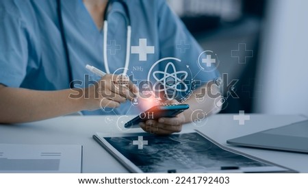 Healthcare And Medicine Concept. Doctor using smartphone with modern virtual screen interface icons.