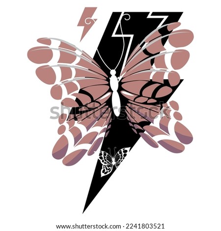 T-shirt design of a butterfly and the symbol of thunderbolt isolated on white. botanical illustration for posters.
