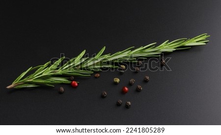 Sprig of fresh rosemary and colorful peppers on black background Royalty-Free Stock Photo #2241805289