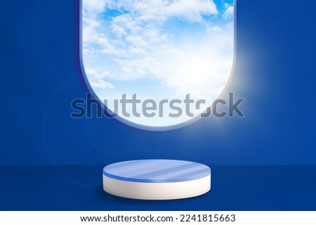 3d render, abstract background blue with blue sky inside the window on the blue wall with vacant podium. Blank showcase mockup with empty round stage