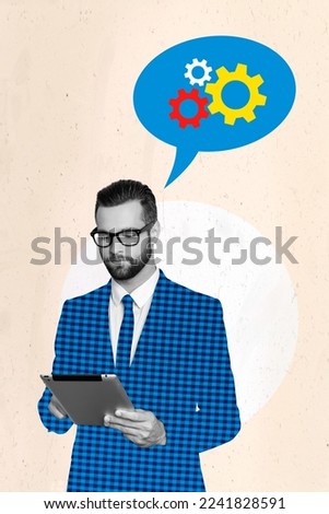 Composite collage photo of young confident businessman using tablet browsing information minded automation processes isolated on white background