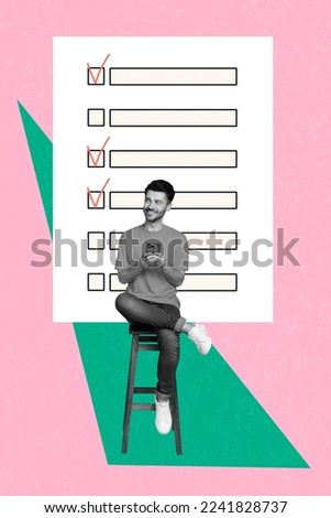 Composite collage of young successful entrepreneur man sit chair use smartphone planner online reminder management isolated on drawing background