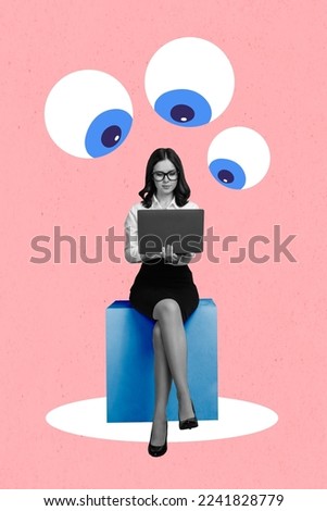 Creative photo 3d collage artwork poster picture of successful lady use netbook work time isolated on painting background